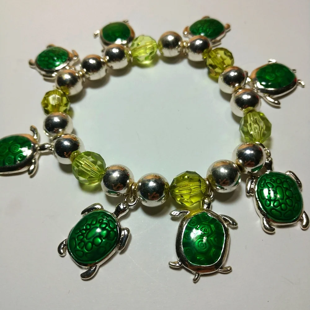 🆕🐢Turtle 🐢 Charm Bracelet Sterling Silver Beads on Heavy Stretch Cord New - Picture 3 of 10